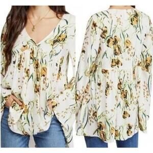 Free People Floral Boho Blouse Size S Long Sleeve Flowy Tunic Top